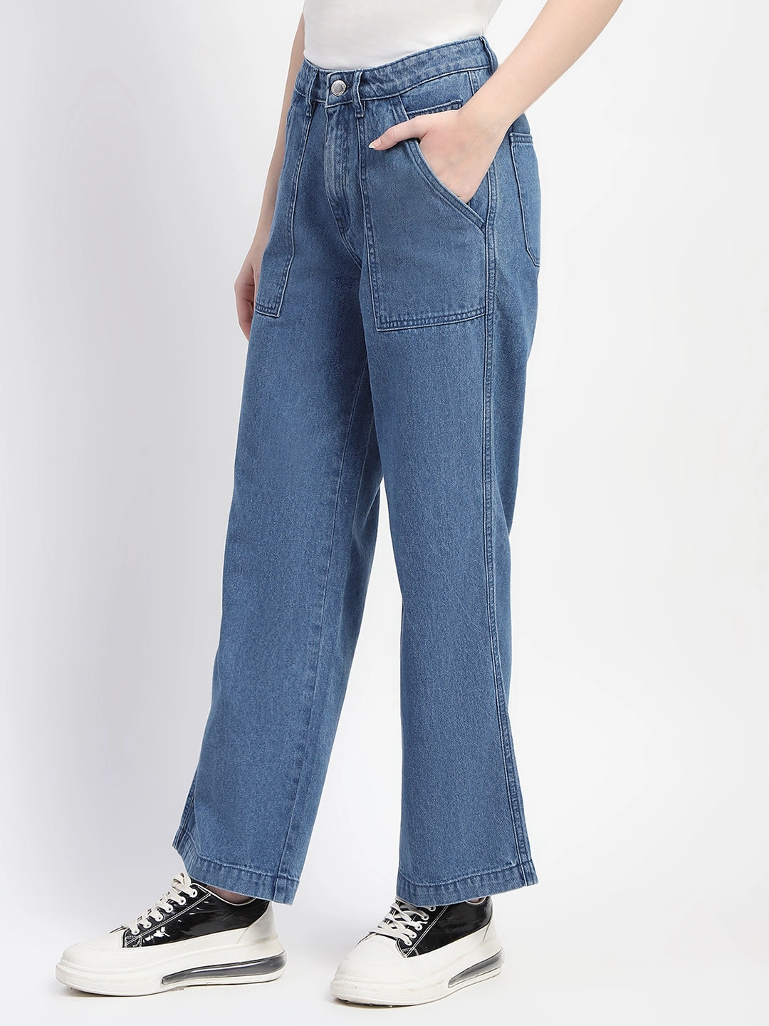 Madame Slant Pocket Flared Mid Blue Denim Odor Control Tech