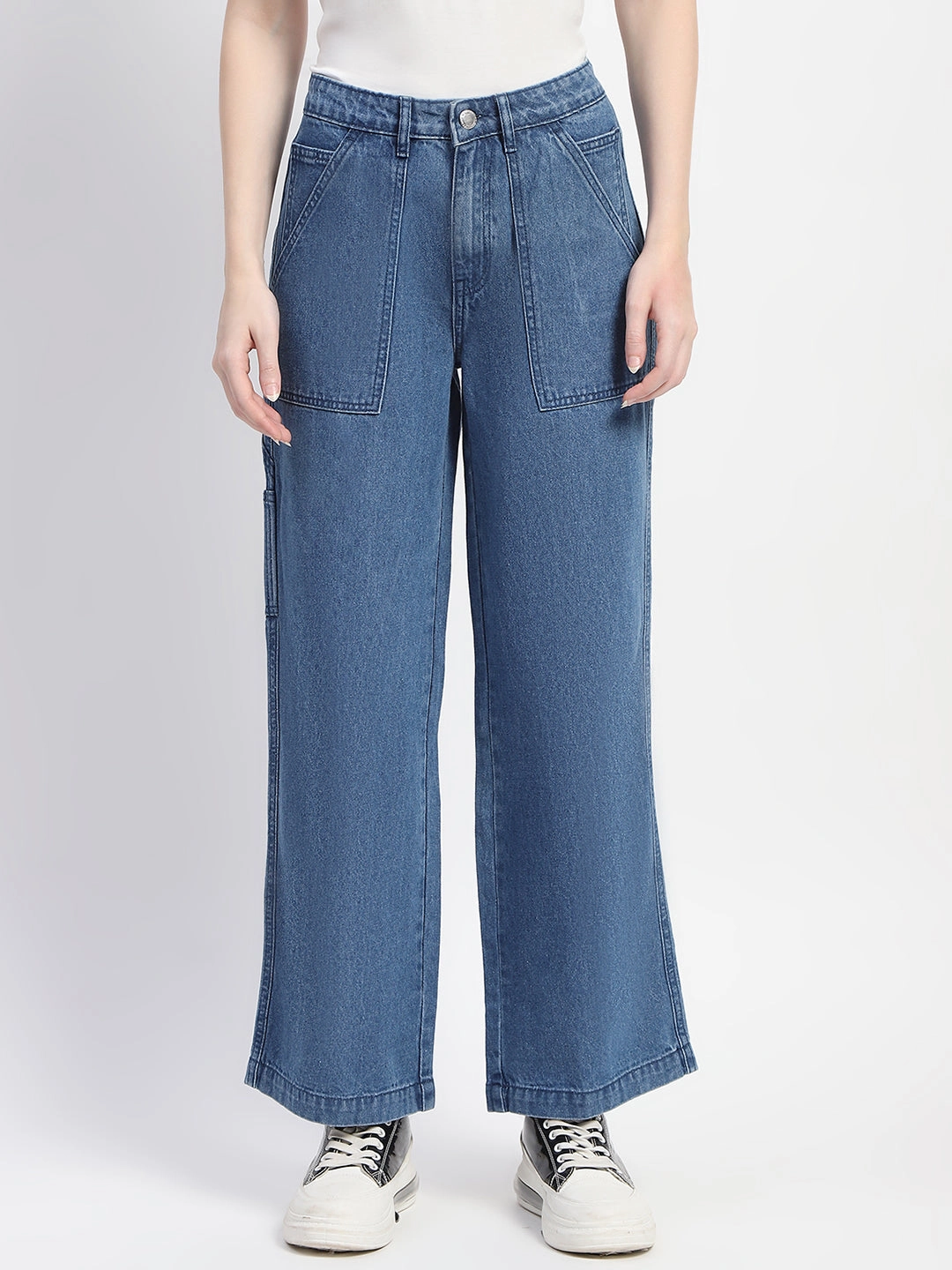 Madame Slant Pocket Flared Mid Blue Denim Fashion Daily Autumn Days Outdoor Enthusiast Streetwear Fan