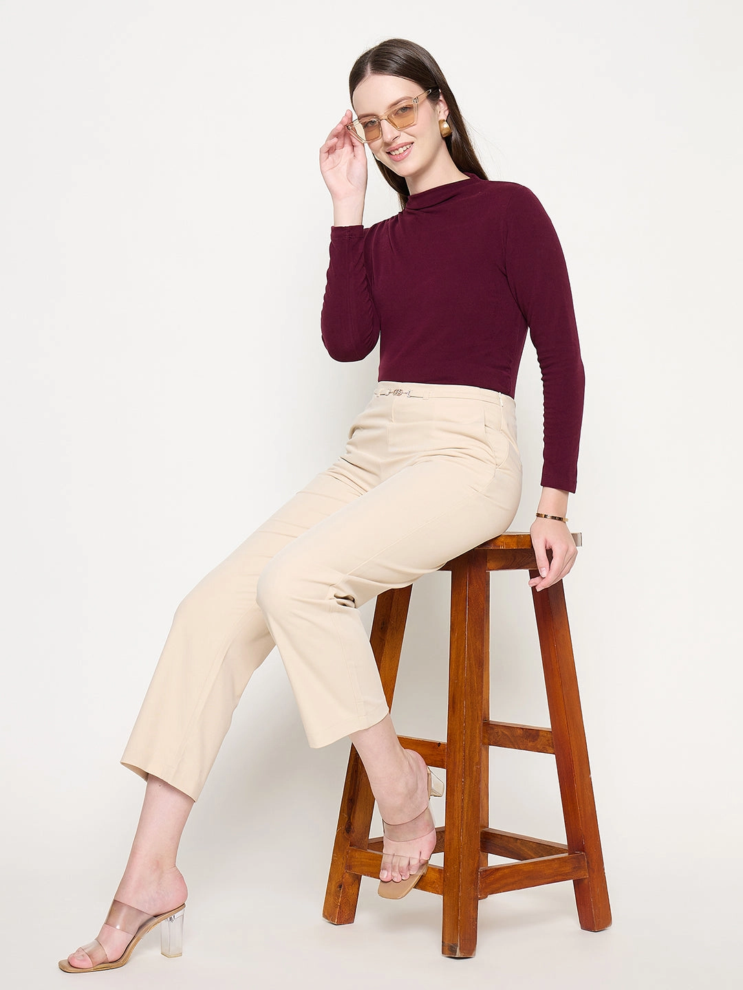 Practical Style Luxe Look Madame Slash Pocketed Straight Fit Belted Solid Ivory Trousers