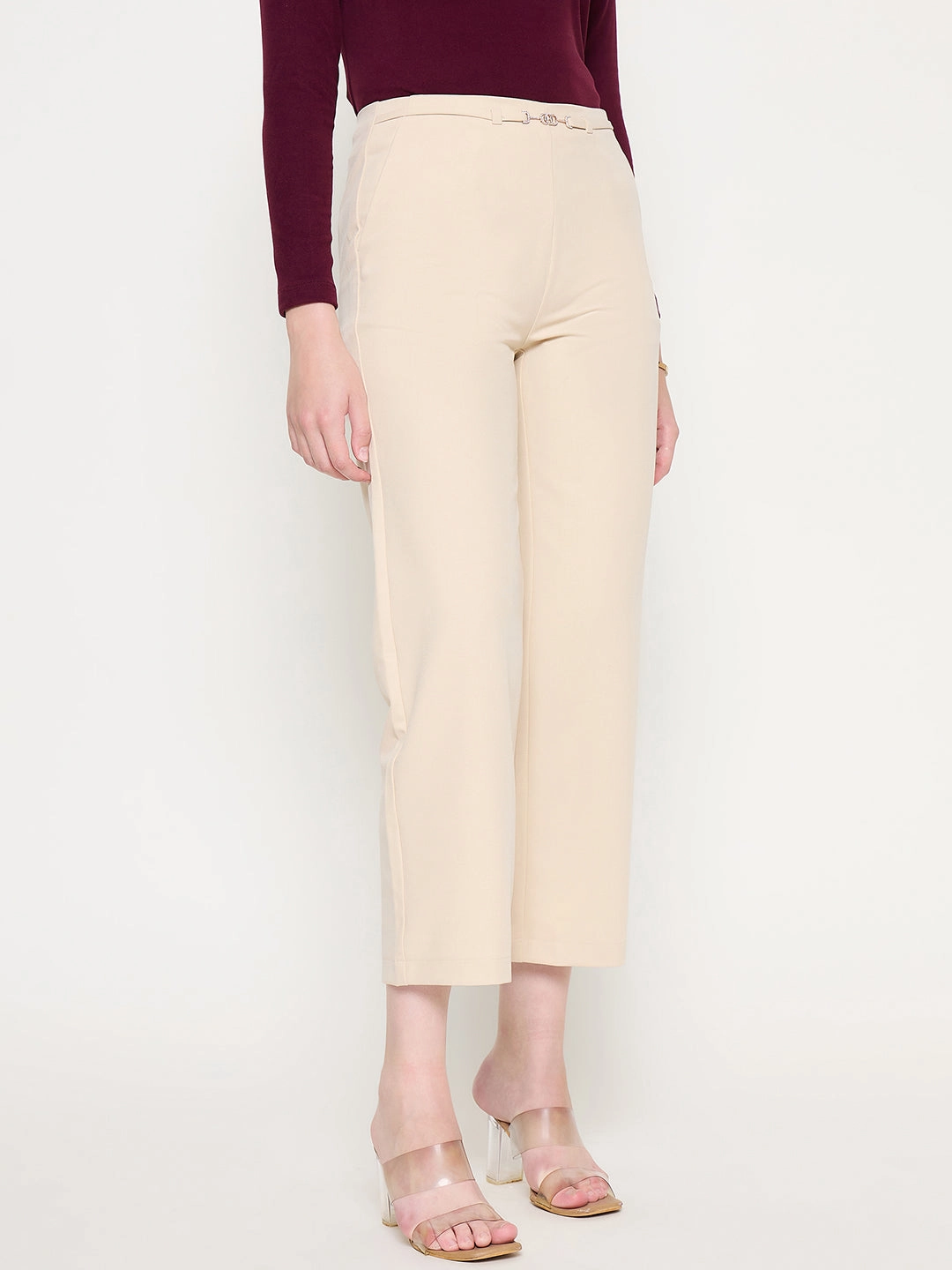 NonChafingLegs Madame Slash Pocketed Straight Fit Belted Solid Ivory Trousers