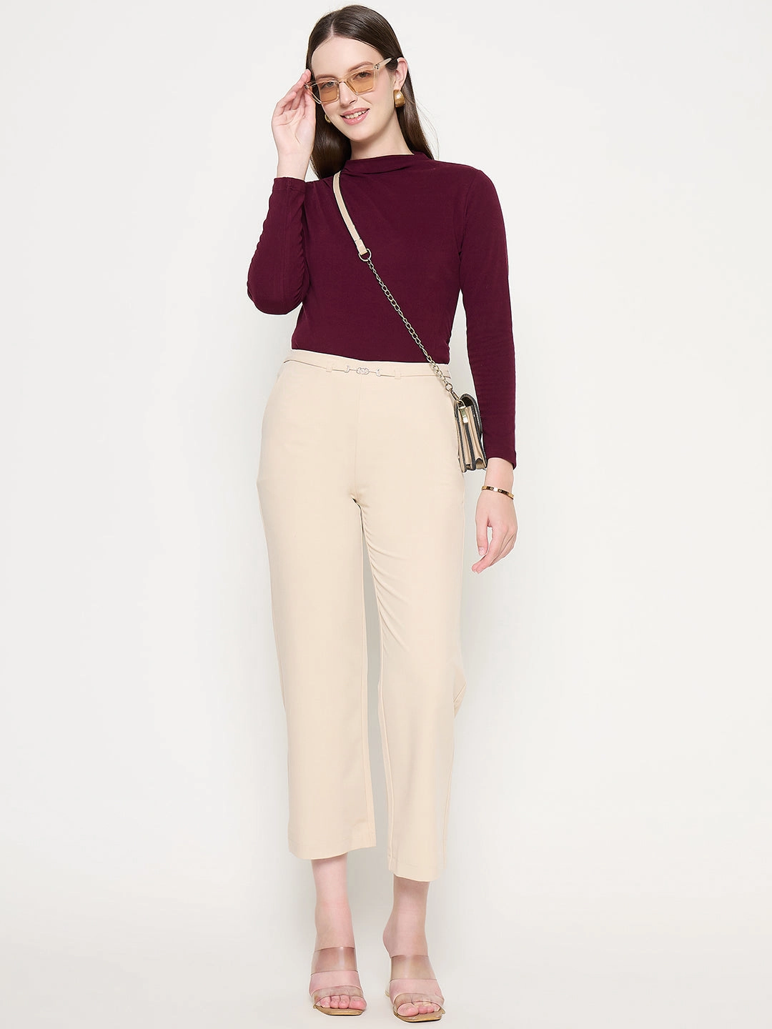 Hidden Zip Pockets Madame Slash Pocketed Straight Fit Belted Solid Ivory Trousers