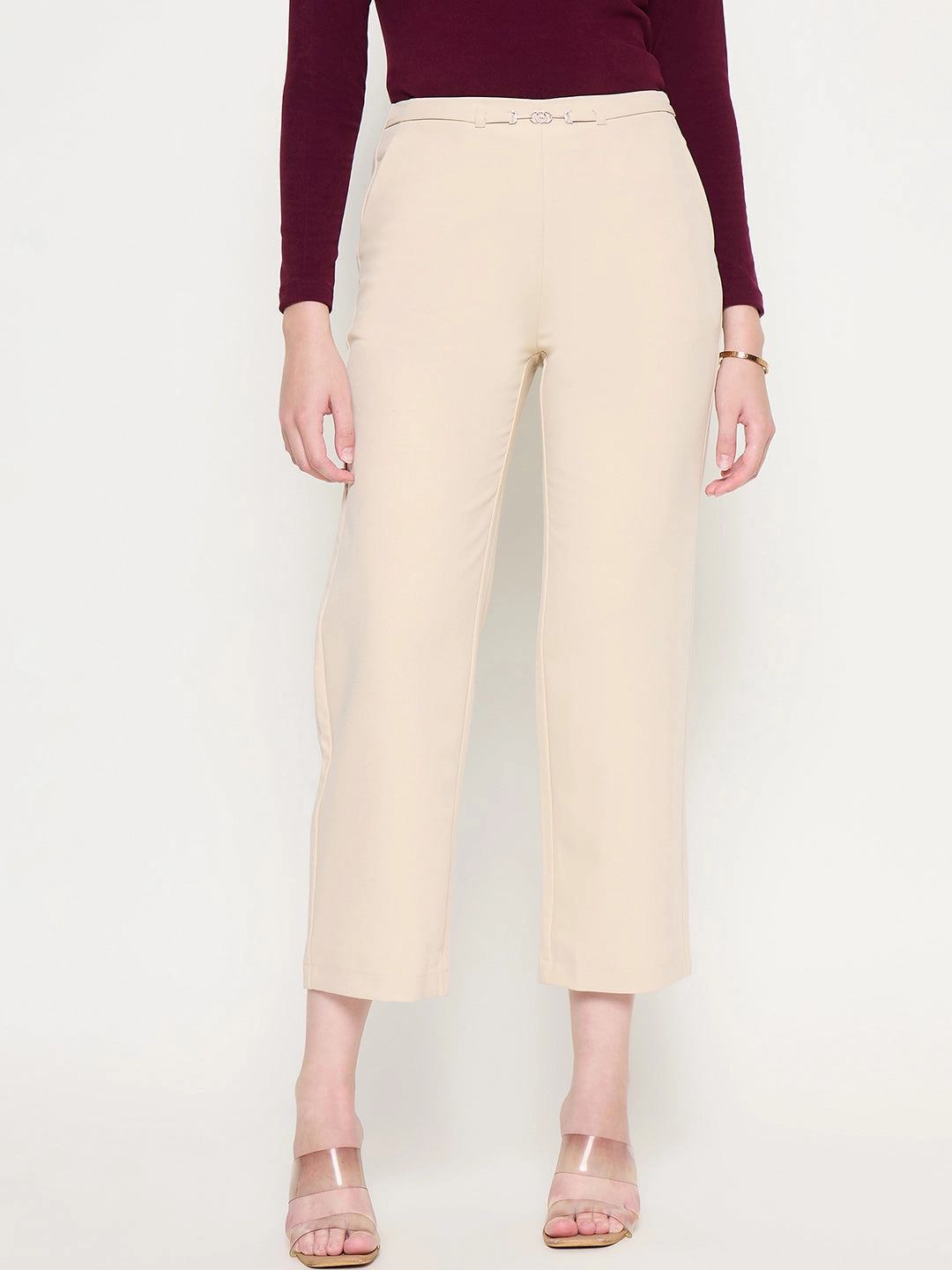 Madame Slash Pocketed Straight Fit Belted Solid Ivory Trousers Sporty Touch