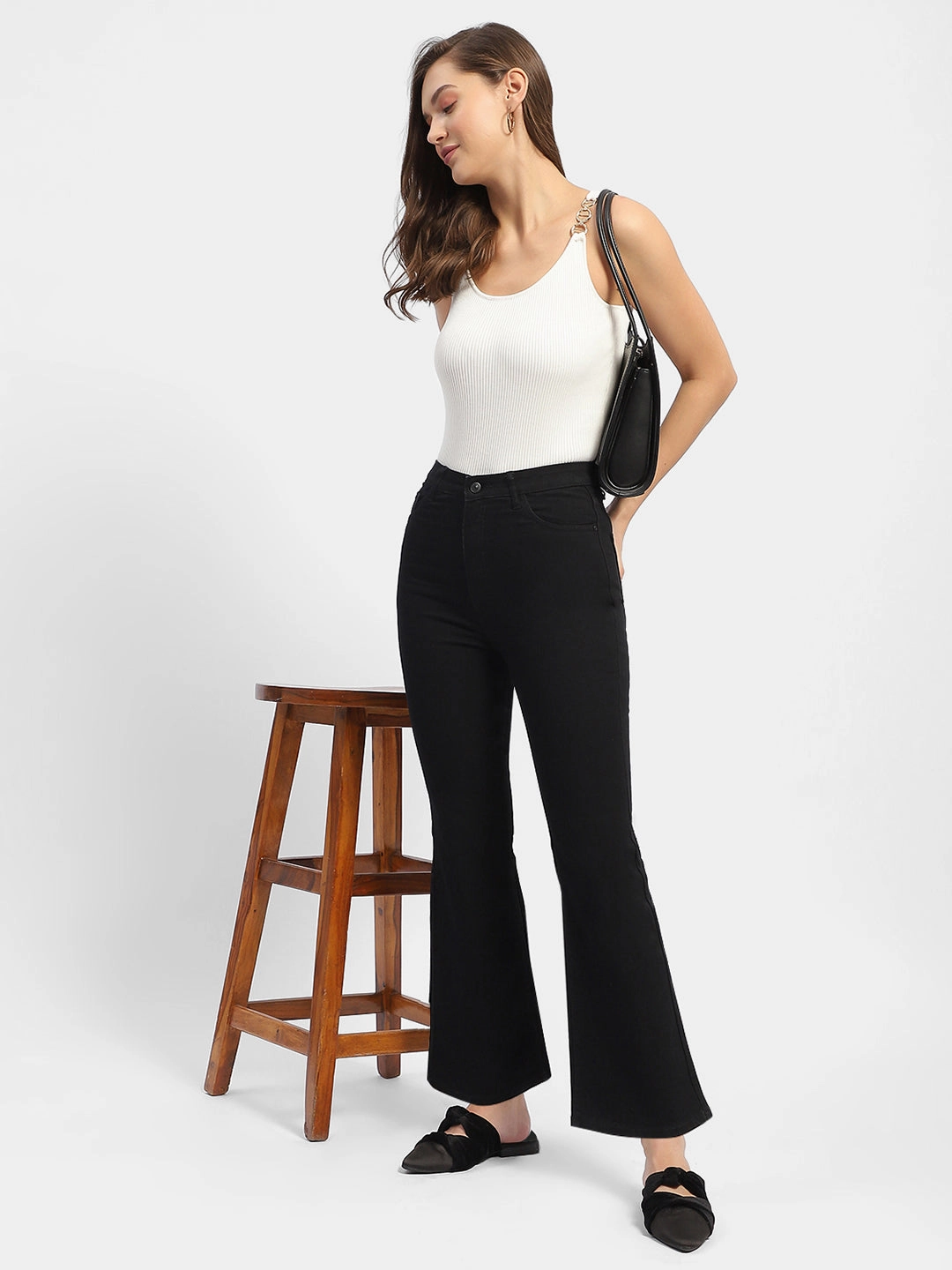 Madame Solid Black Flared Denim Jeans Foundation Wear