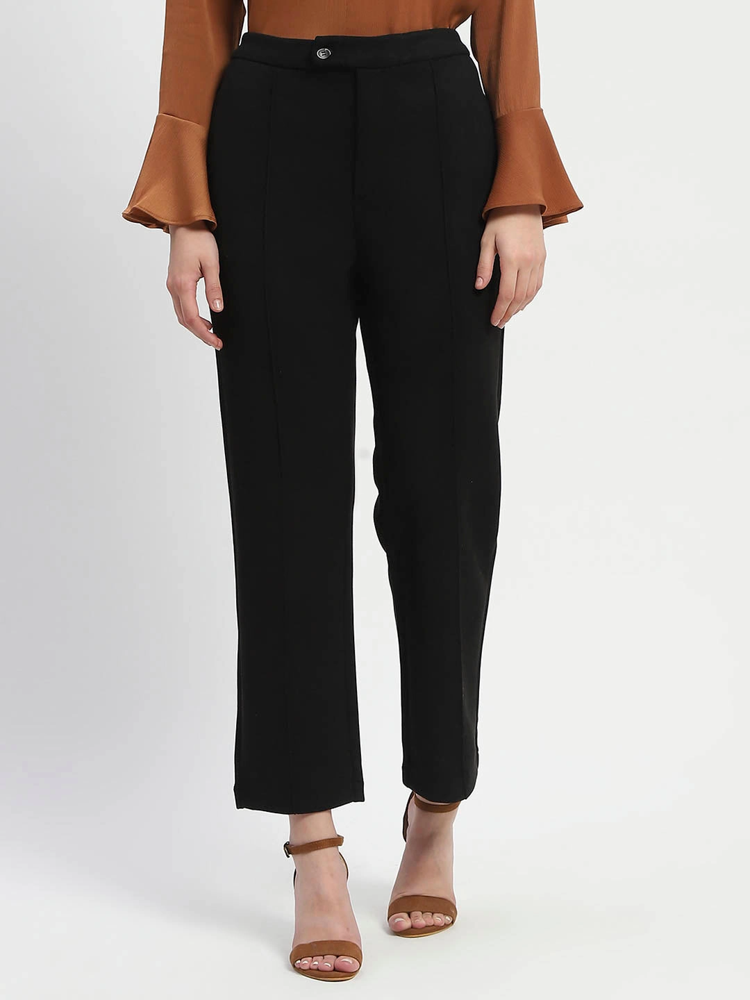 Easy Care Fabric Finish Sustainable Fabric Madame Solid Black Pleated Gurkha Trousers