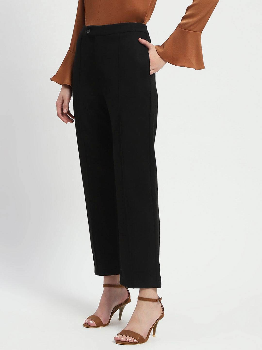 Madame Solid Black Pleated Gurkha Trousers EasyCareFabric