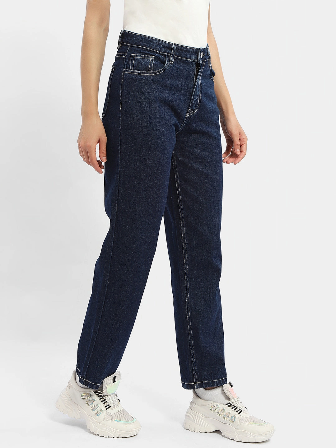 Madame Solid Blue Straight Jeans Basic Necessity