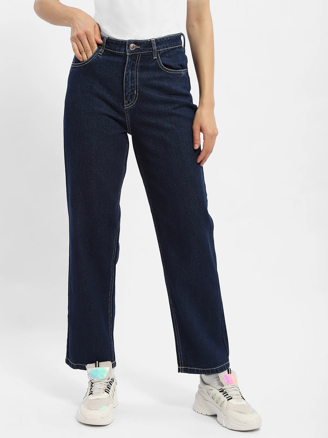 Madame Solid Blue Straight Jeans Casual Staple Work Meeting Relaxed Style