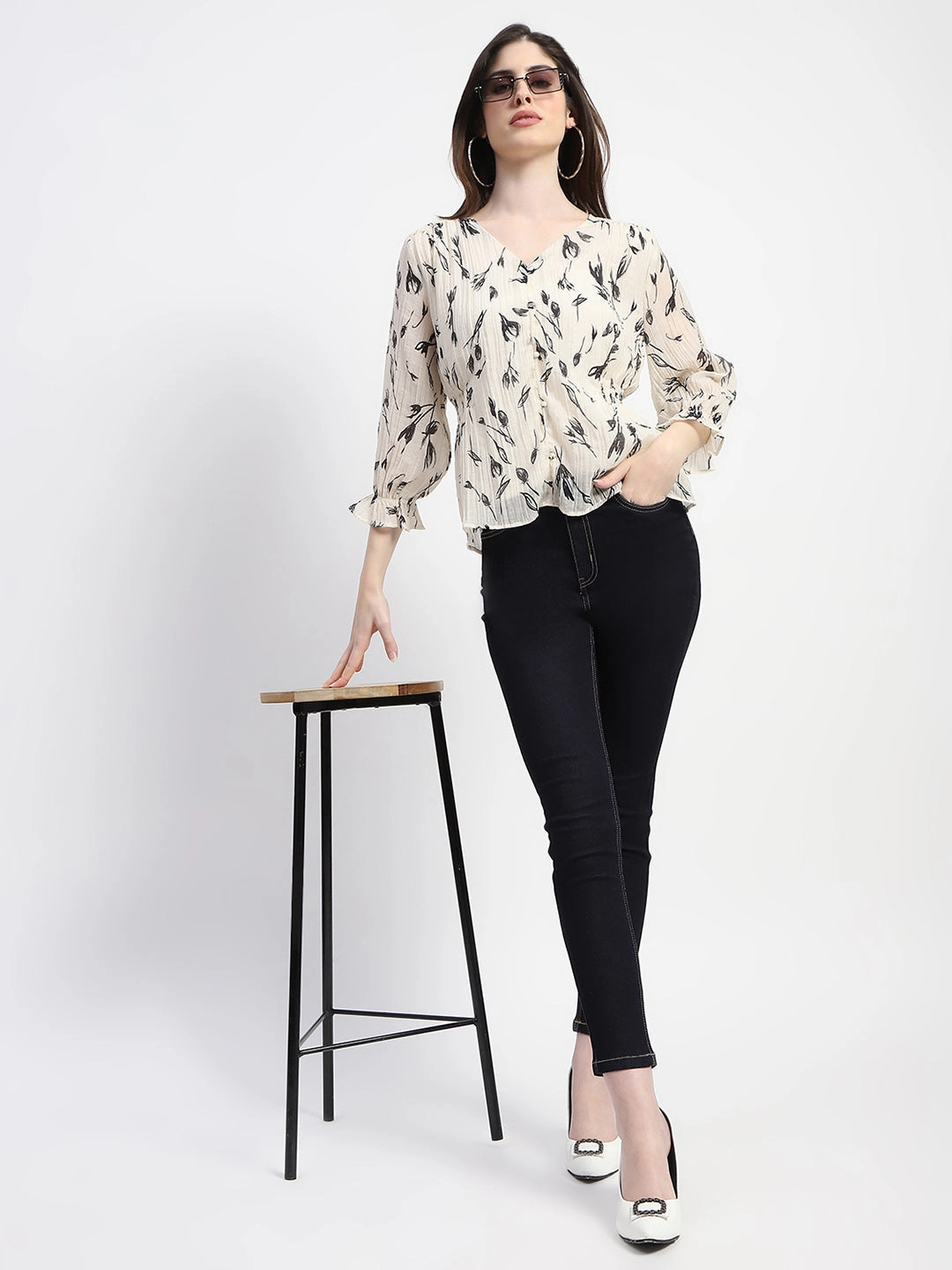 Madame Solid Dark Blue Skinny Fit Cotton Denim Simple Wear Flattering Waist Design