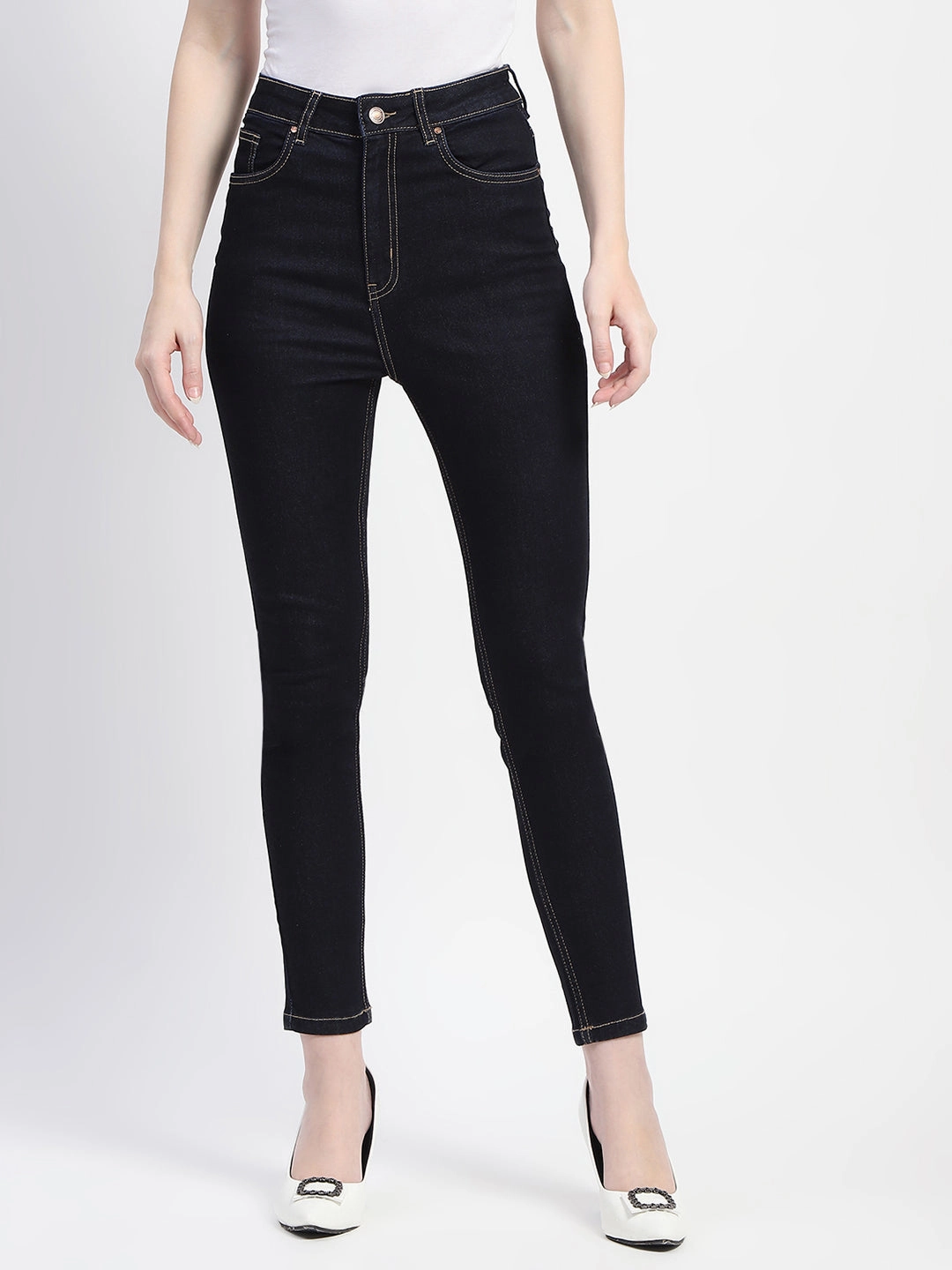 Madame Solid Dark Blue Skinny Fit Cotton Denim On-the-Go Look