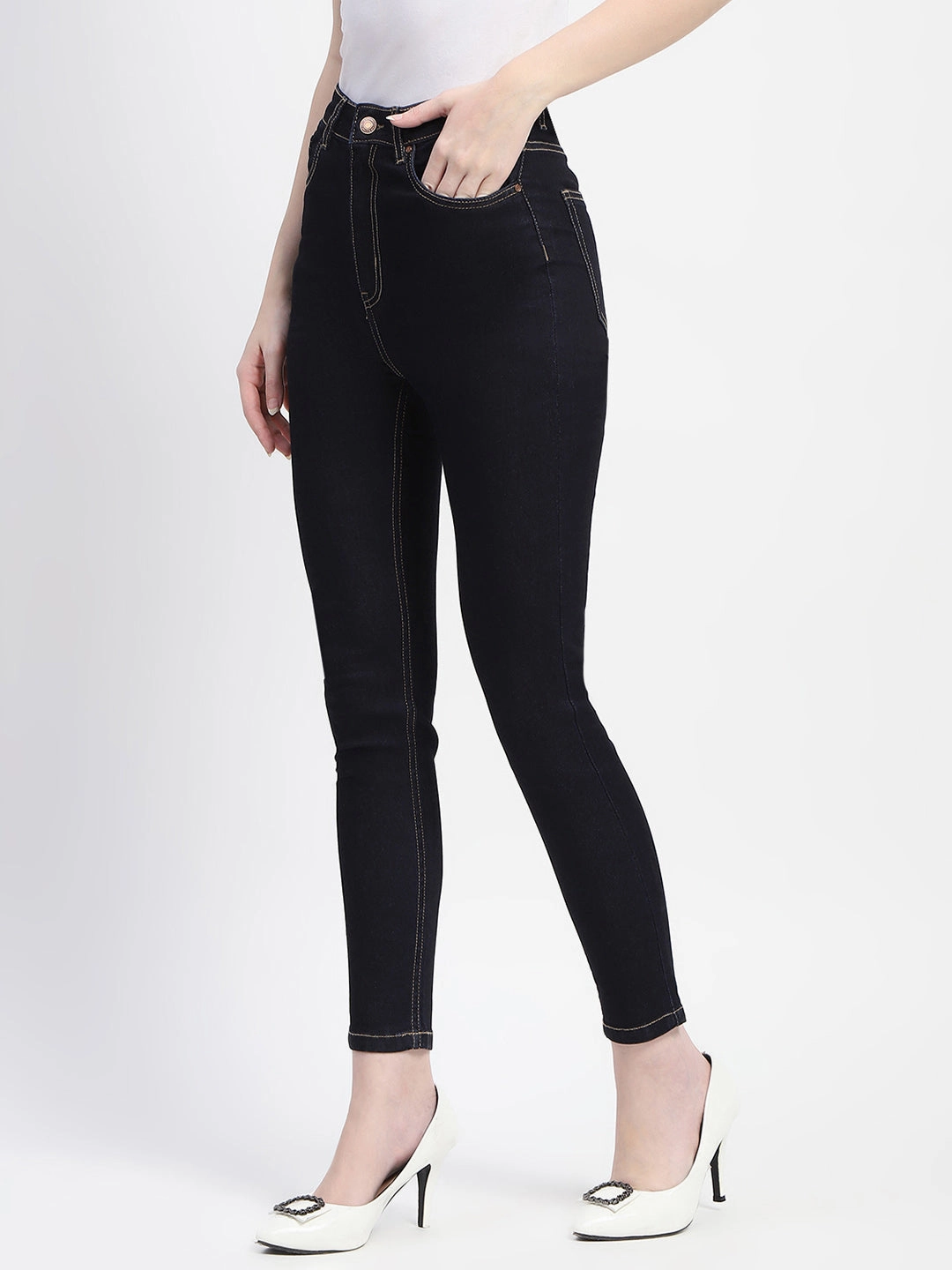 Daily Essential Madame Solid Dark Blue Skinny Fit Cotton Denim