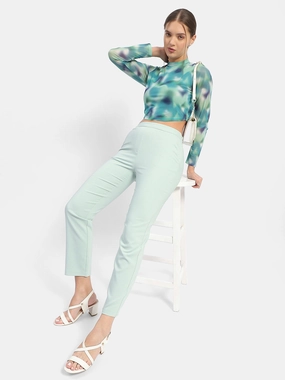 Warm Fit Non Slip Waistband Madame Solid Green Flared Trousers