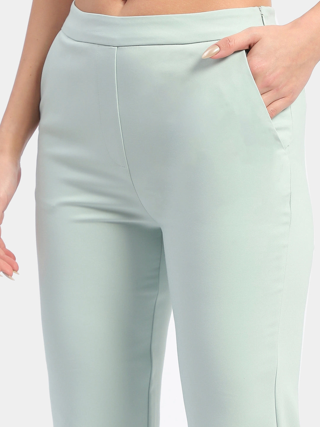Madame Solid Green Flared Trousers Quick Adjust Fit Fit Freedom