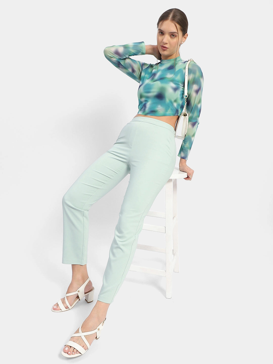 Warm Fit Non Slip Waistband Madame Solid Green Flared Trousers