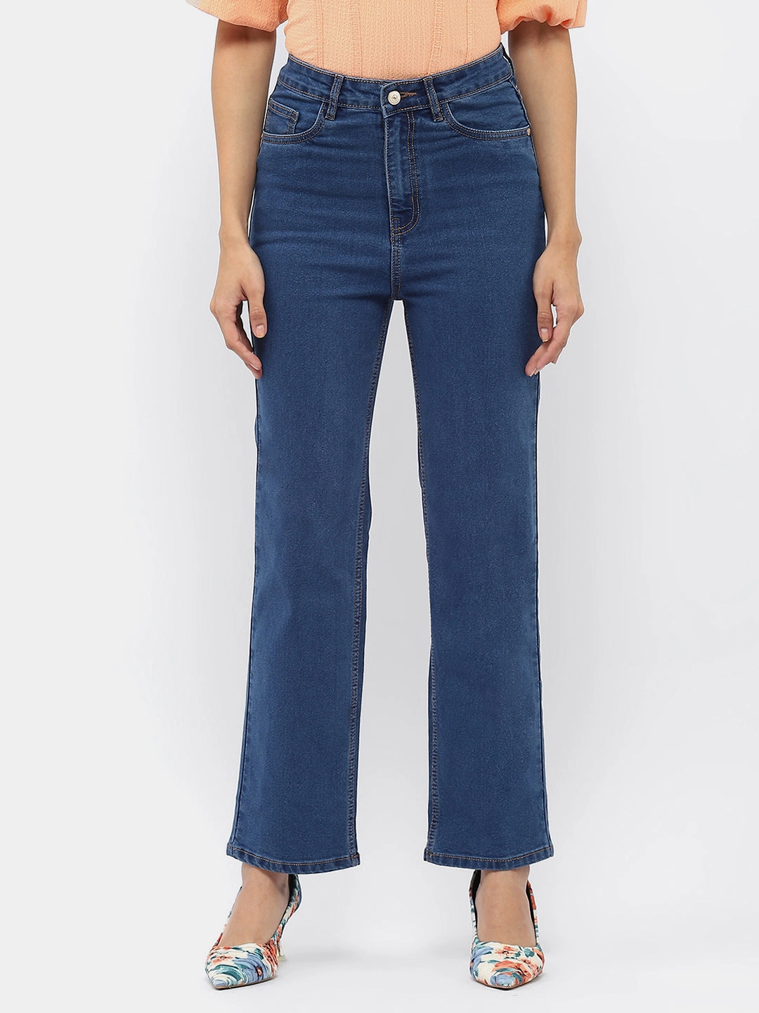 Textured Bold Lifestyle Piece Madame Solid Mid Blue Wide Leg Jeans