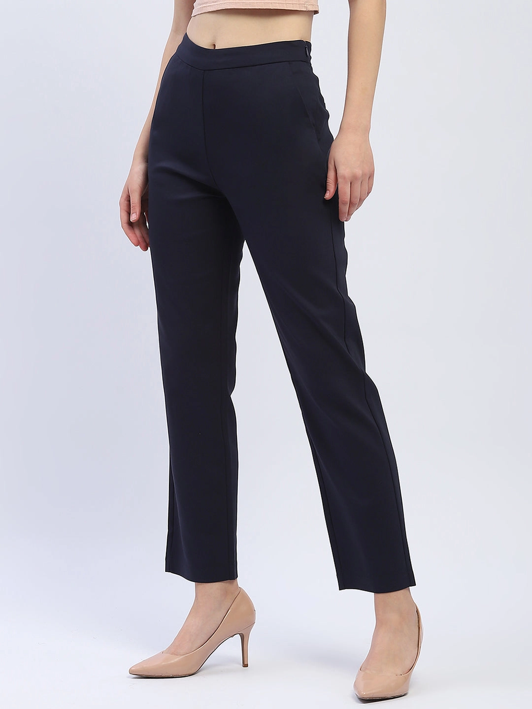 Stretch Panels Day Hike Madame Solid Navy Blue Straight Fit Trousers