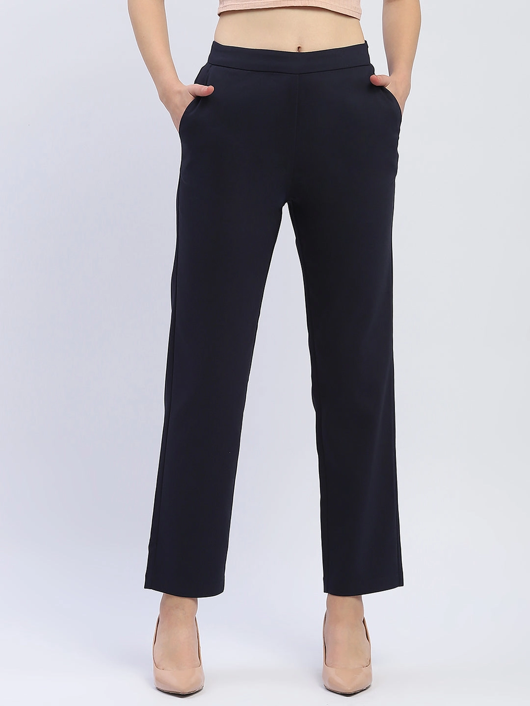 Madame Solid Navy Blue Straight Fit Trousers Soft Structure