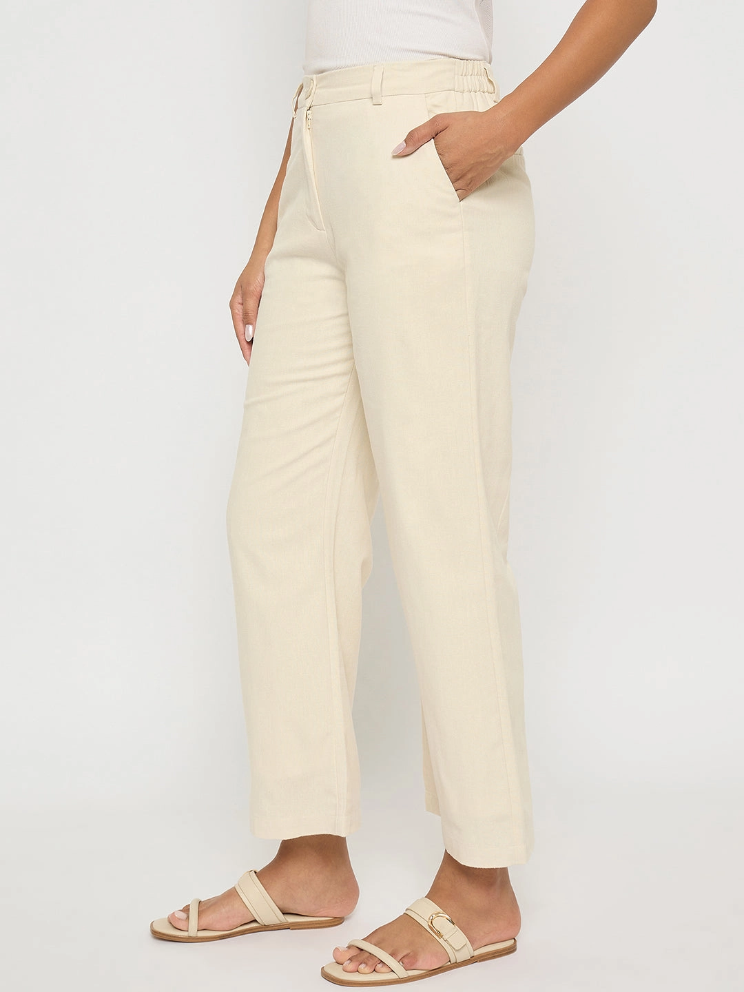Madame Solid Wide Leg Off White Rayon Blend Trousers QuickDryTechnology No Ride Fit
