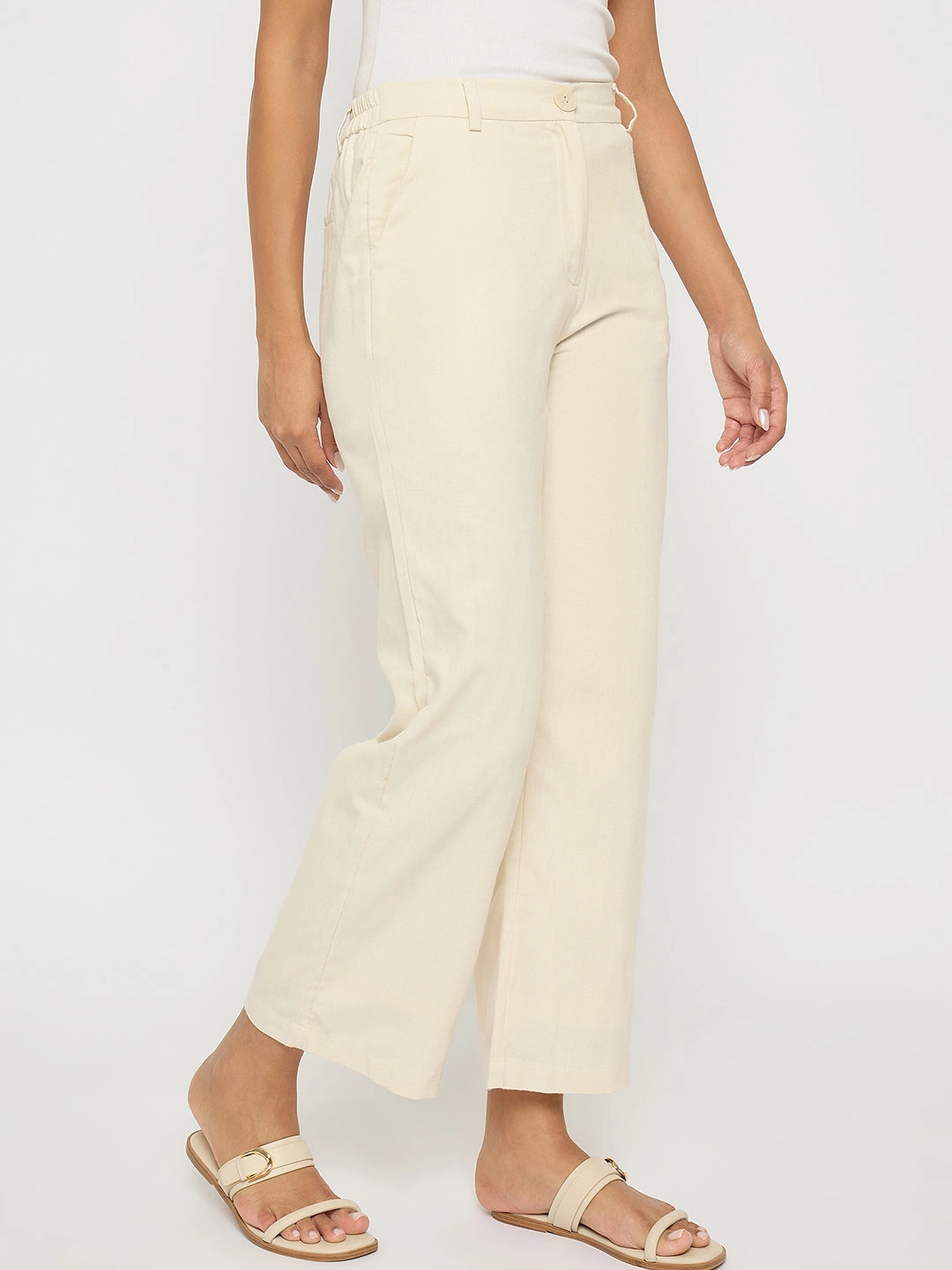 Recycled Polyester Blend All terrain Madame Solid Wide Leg Off White Rayon Blend Trousers