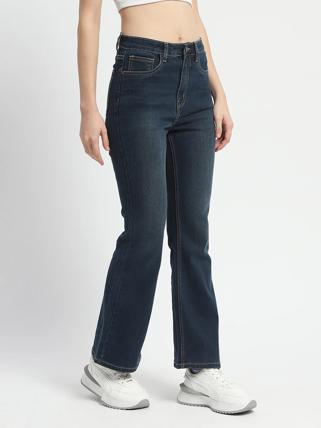 Madame Stone Wash Flared Blue Cotton Denim Smart Fit