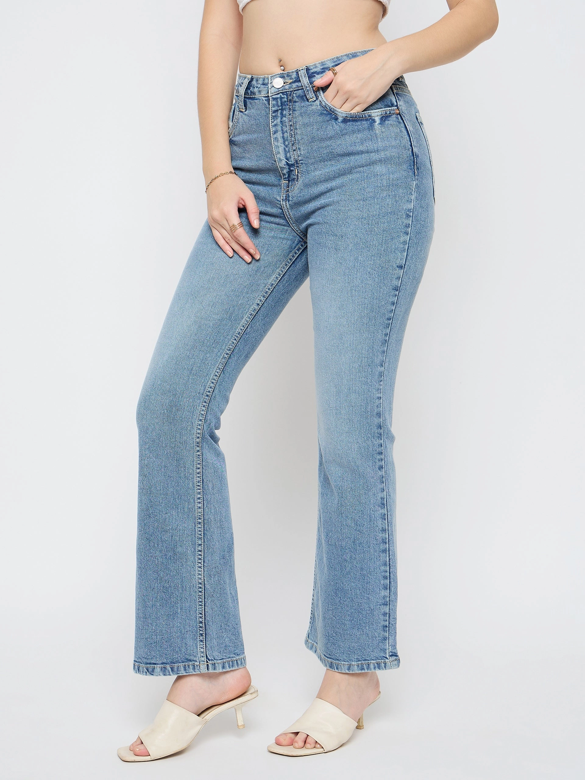 Sustainable Road Trip Madame Stone Wash Flared Light Blue Cotton Blend Jeans