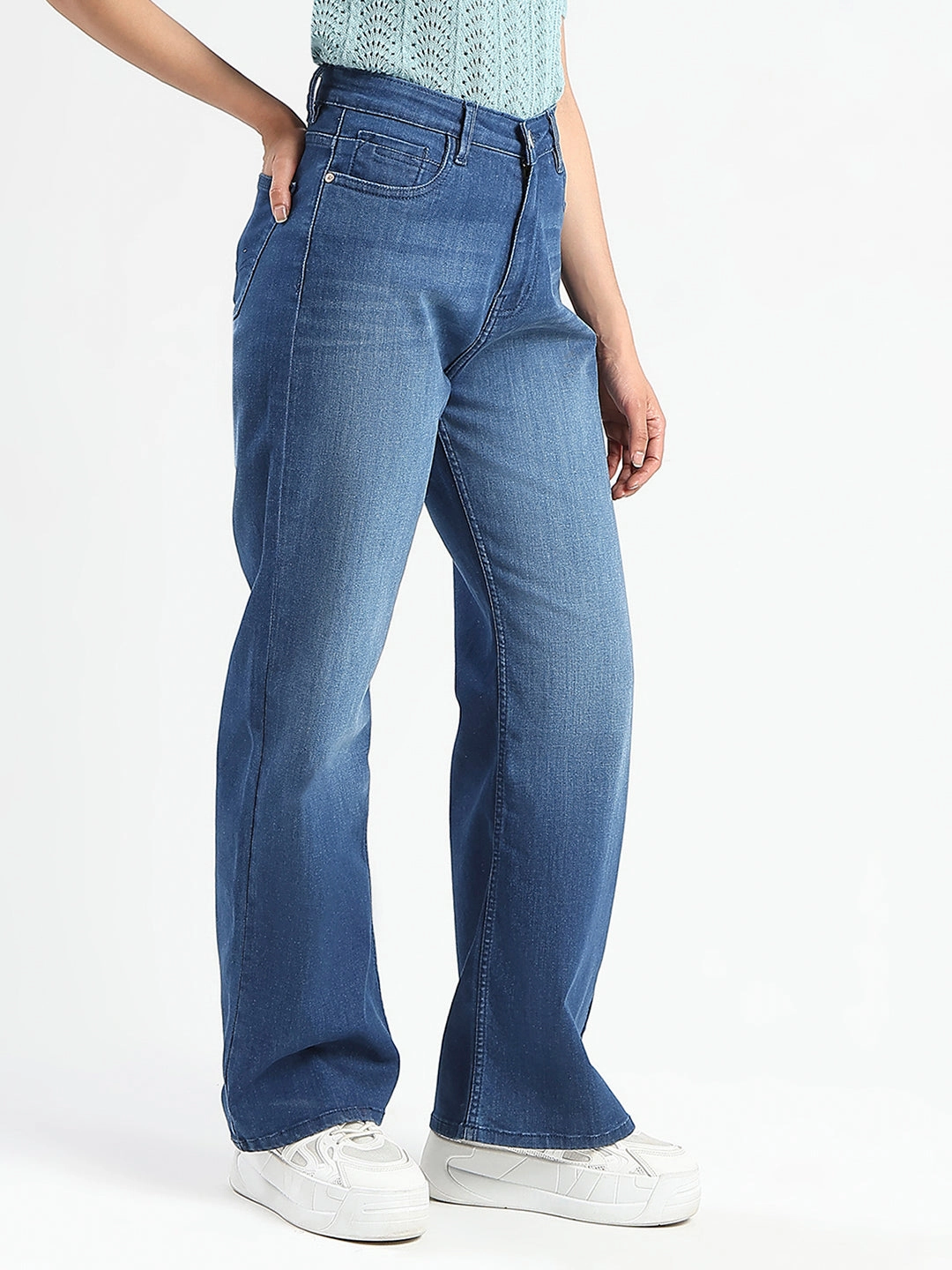 Body Friendly Sleek Fit Madame Stone Wash Wide Leg Dark Blue Jeans