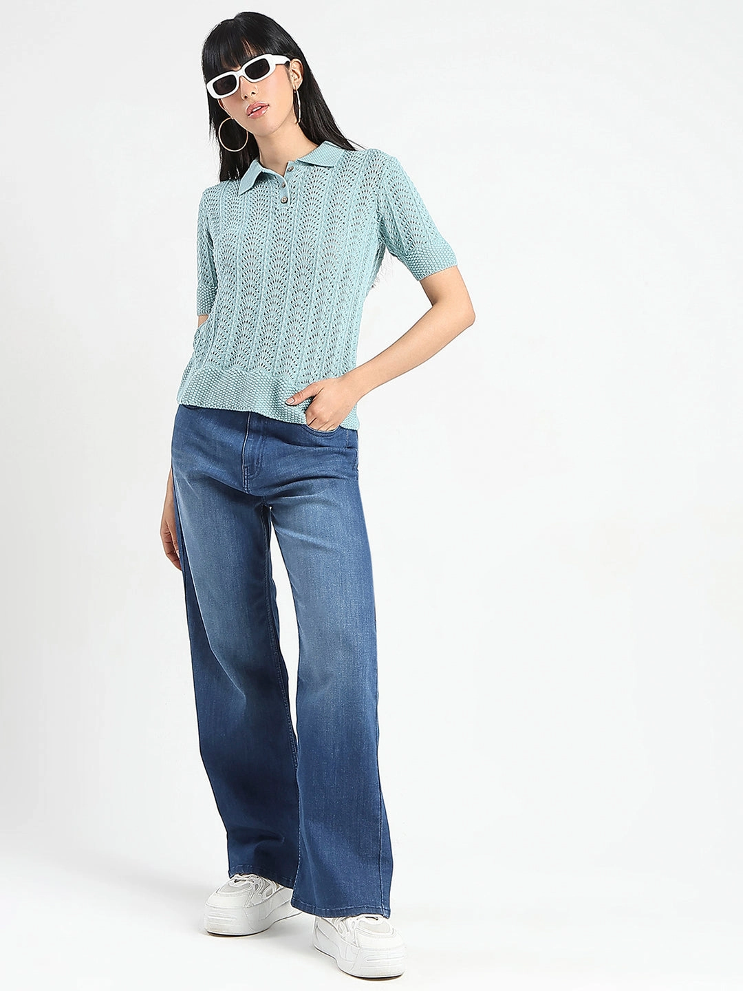 Fashion Focus Vibrant Design Madame Stone Wash Wide Leg Dark Blue Jeans