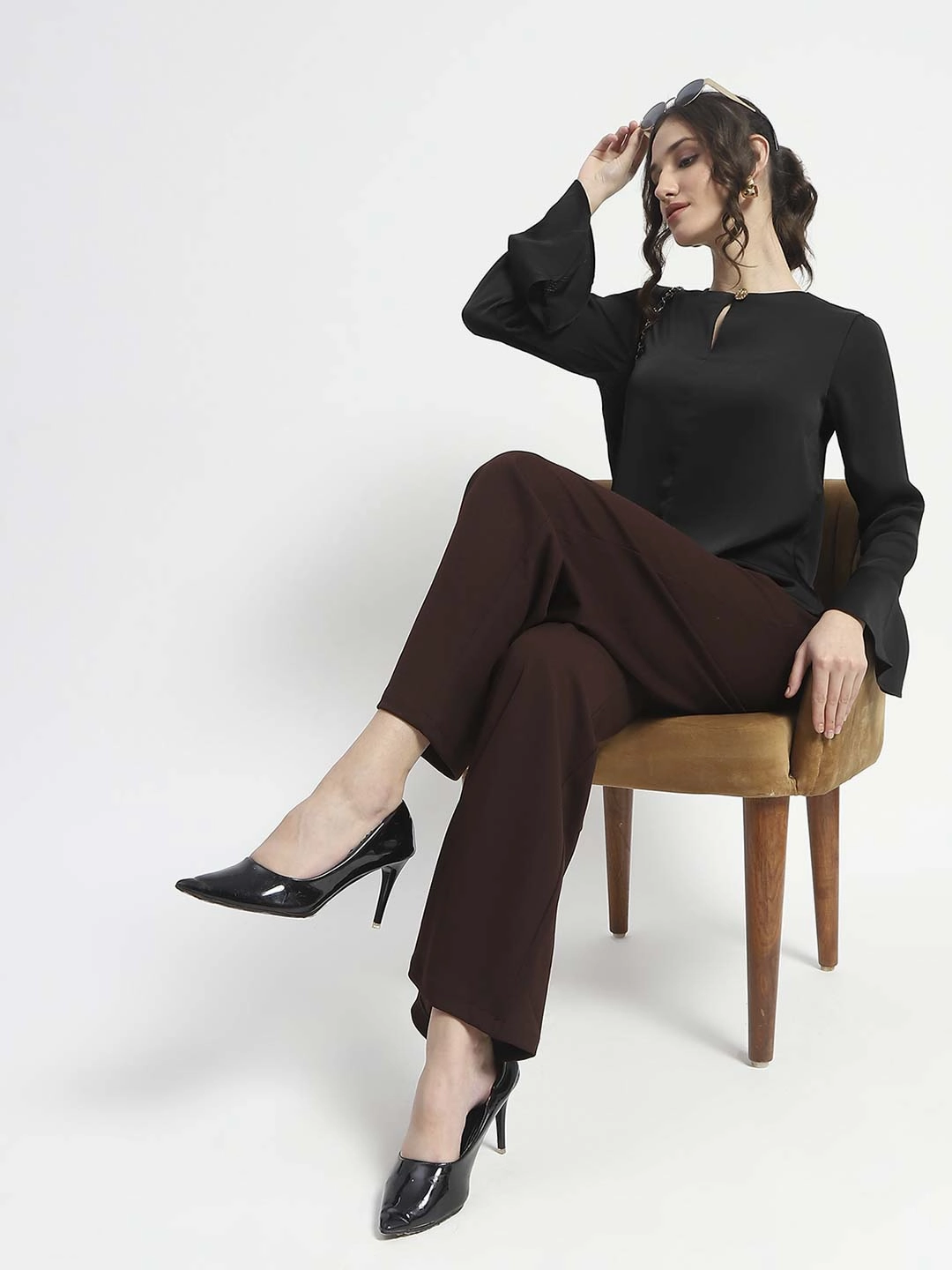 Madame Straight Fit Elasticated Waist Solid Coffee Trousers Work Essential Flexible Look