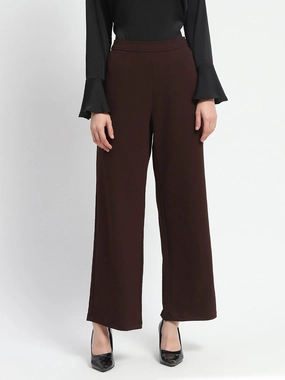 Madame Straight Fit Elasticated Waist Solid Coffee Trousers Chill Mode TearResistantMaterial