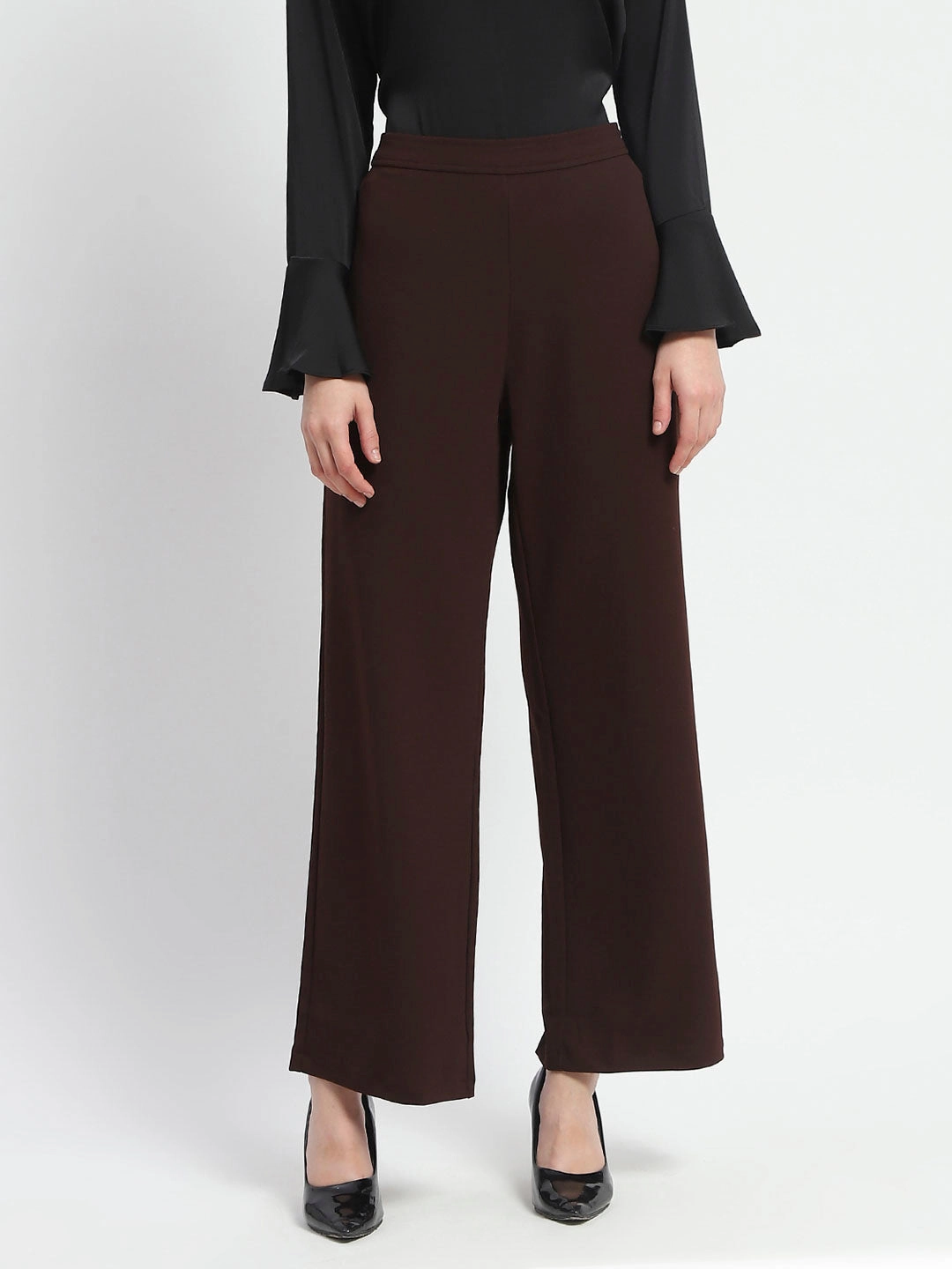 Madame Straight Fit Elasticated Waist Solid Coffee Trousers Chill Mode TearResistantMaterial