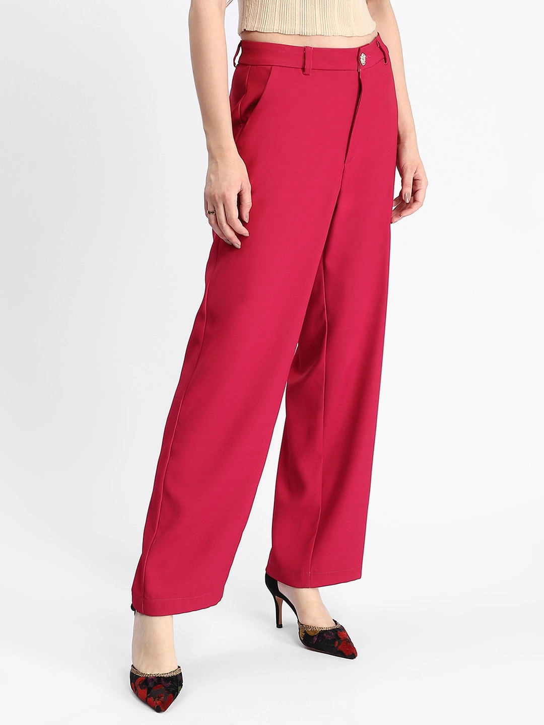 Chill Style Madame Straight Fit Flared Hot Pink Trousers
