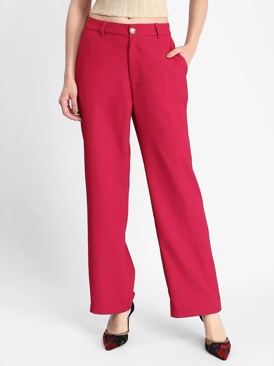 SeamlessPocketDesign Madame Straight Fit Flared Hot Pink Trousers