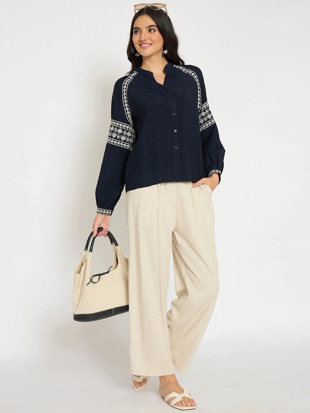 Madame Straight Fit Solid Beige Rayon Blend Trousers Body Aligned Seamless Wear