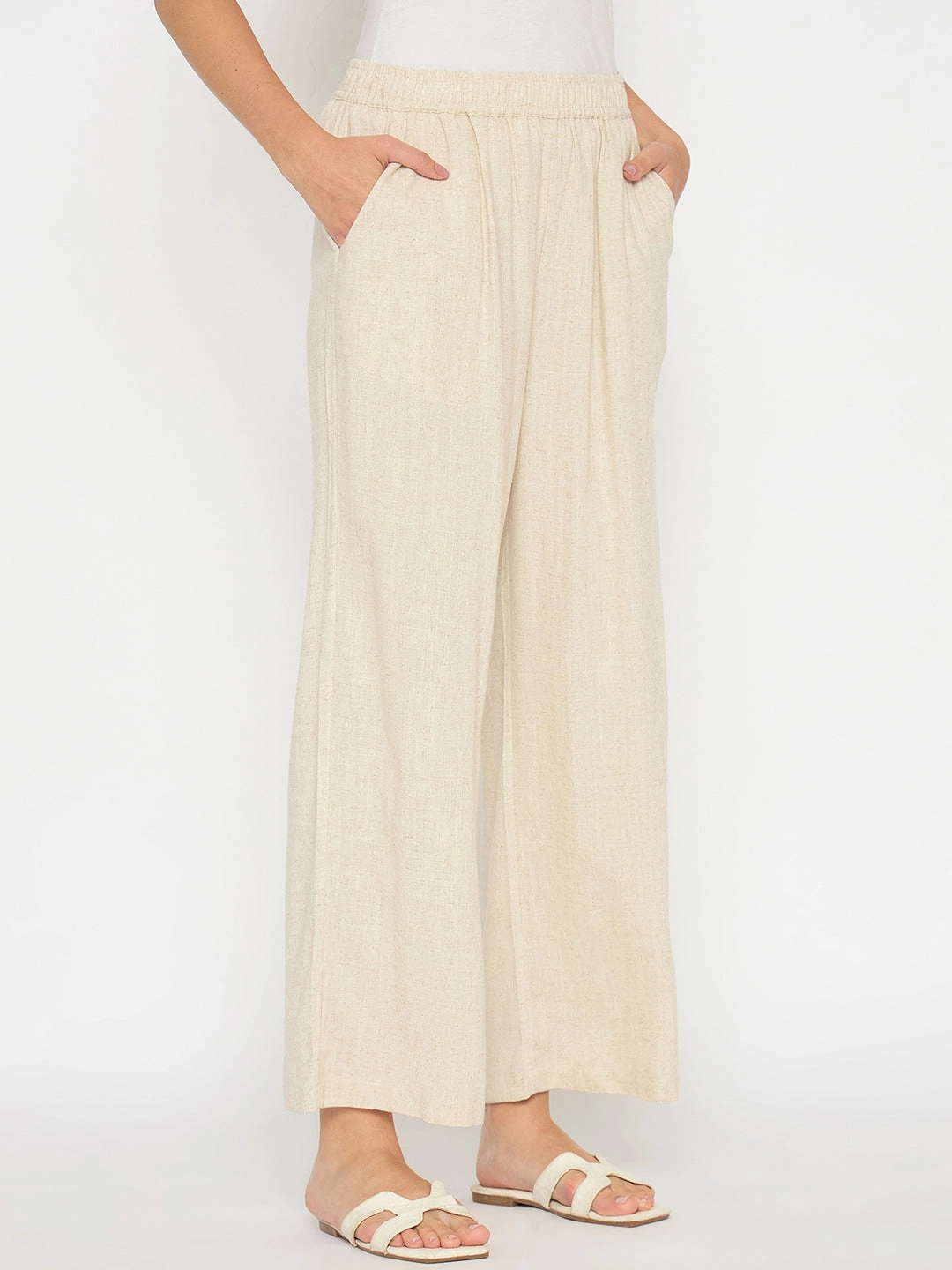 Effortless Layer Madame Straight Fit Solid Beige Rayon Blend Trousers