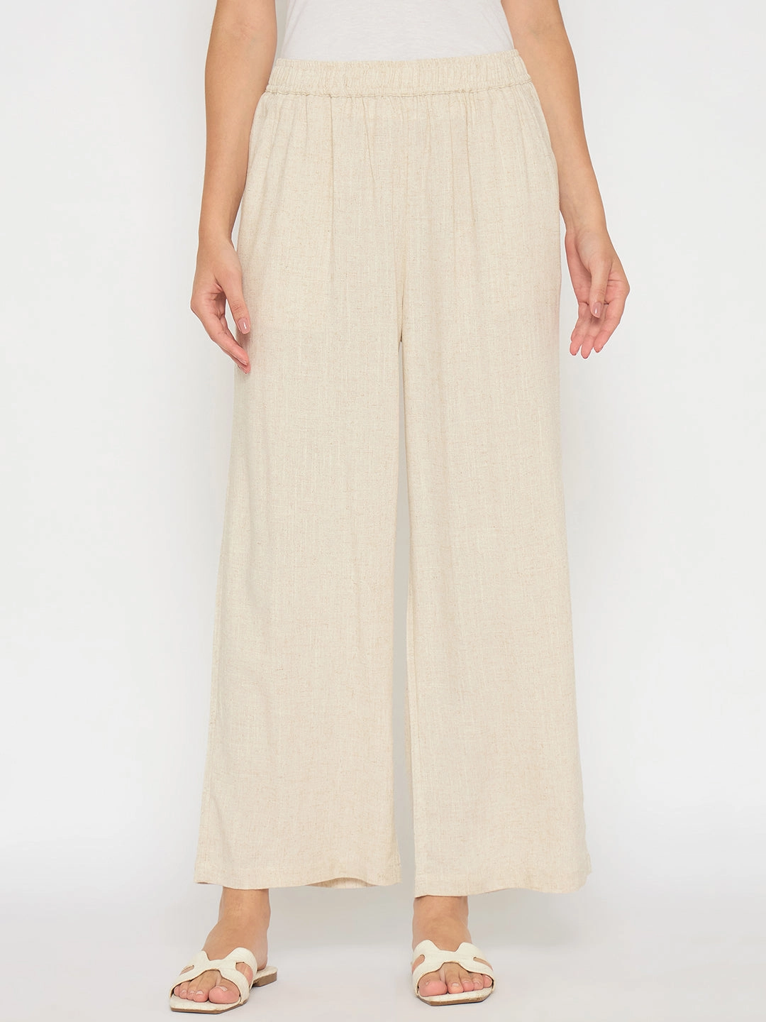 Versatile Comfort Effortless Comfort Madame Straight Fit Solid Beige Rayon Blend Trousers