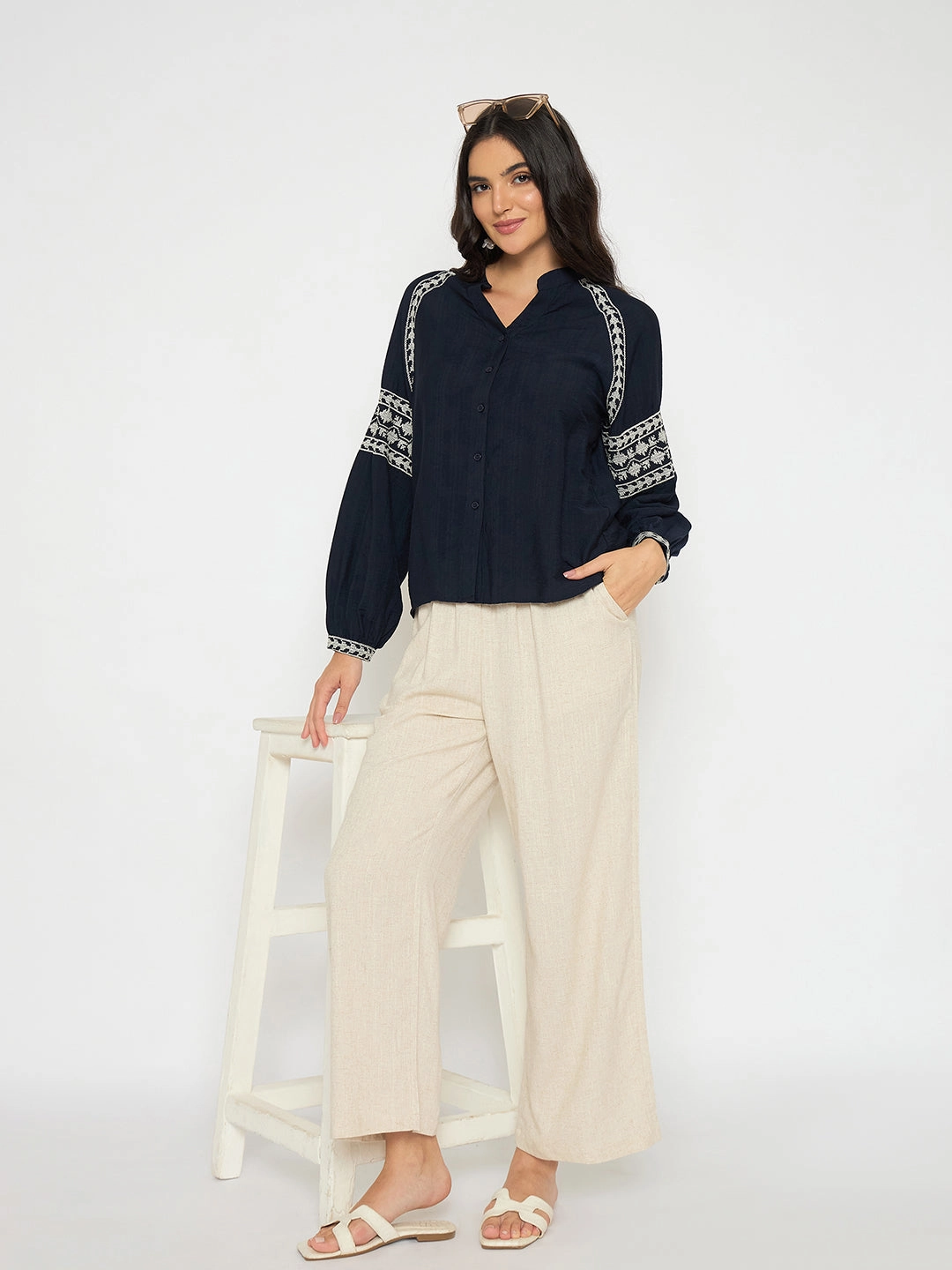 Lined interior Madame Straight Fit Solid Beige Rayon Blend Trousers