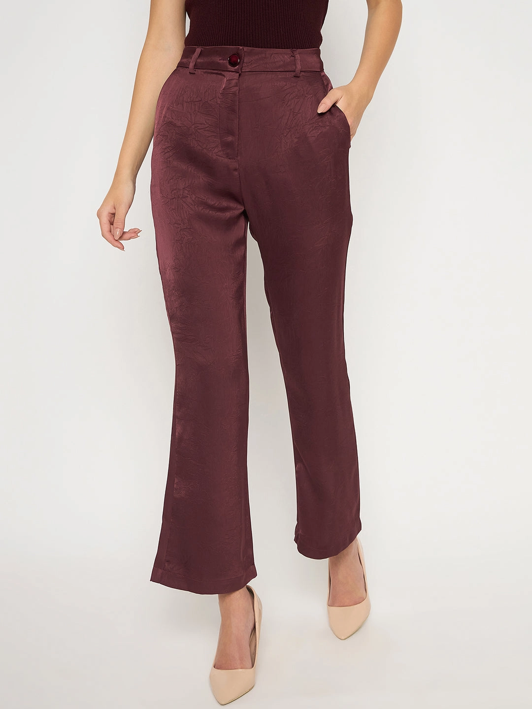 Soft Touch Soft Lines Madame Straight Fit Solid Maroon Trousers