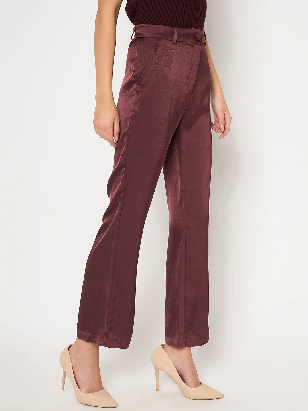 Smart Design Madame Straight Fit Solid Maroon Trousers