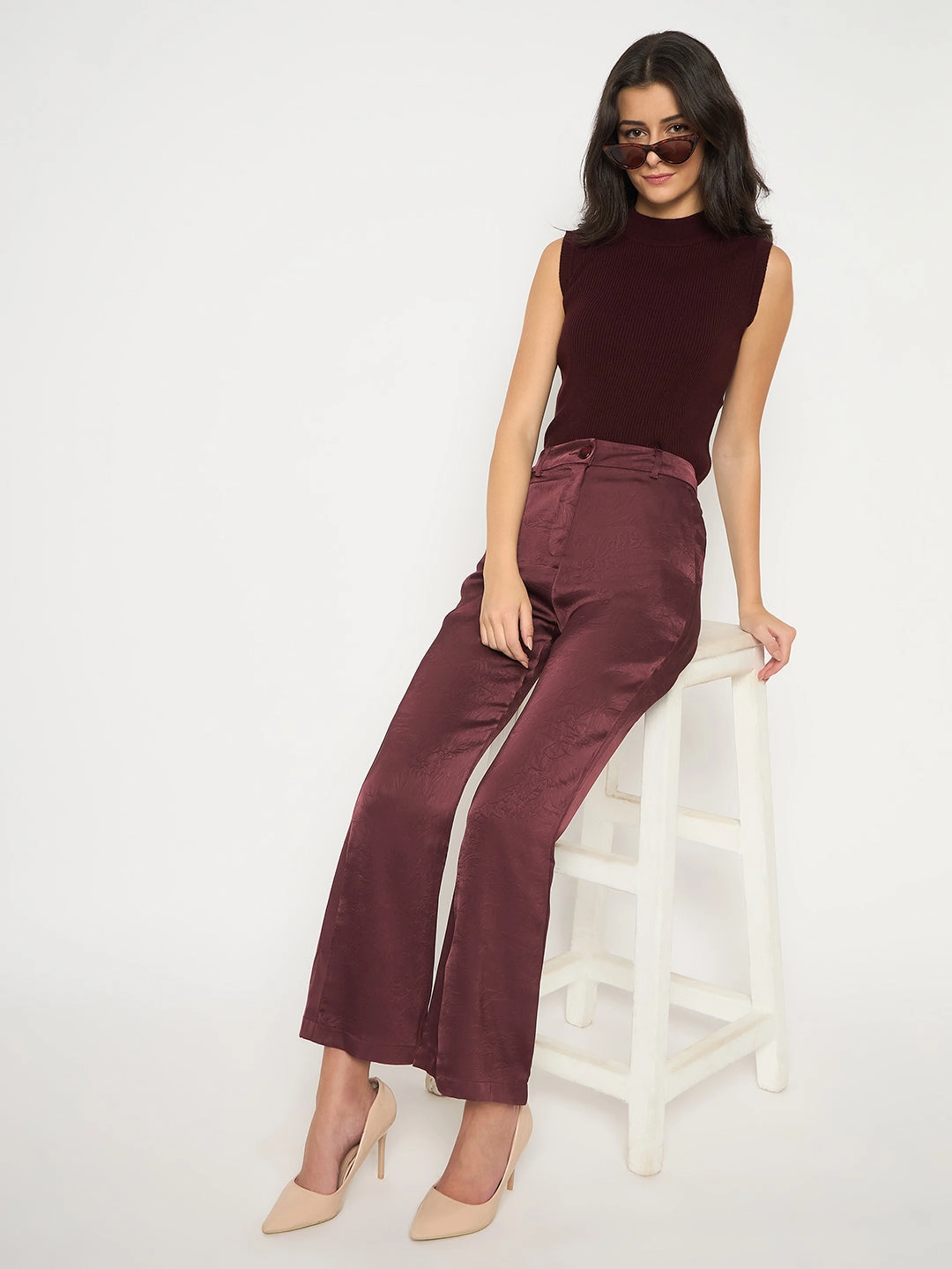 Recyclable Fabric Blend Madame Straight Fit Solid Maroon Trousers