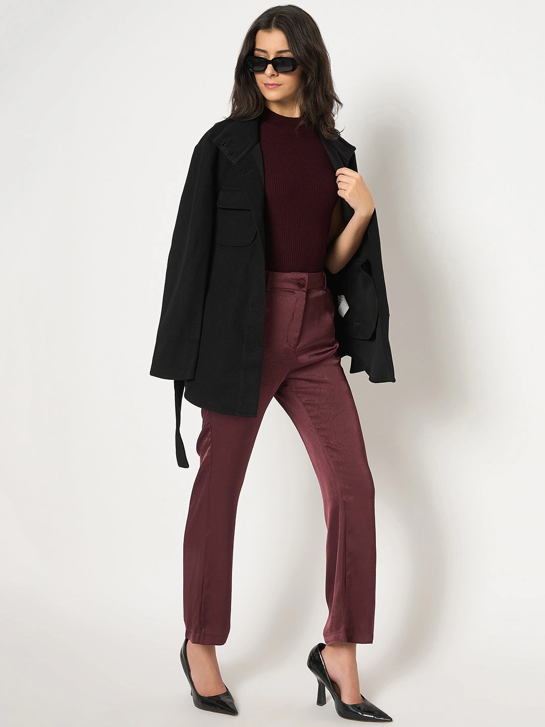 Madame Straight Fit Solid Maroon Trousers NonBindingWaistline