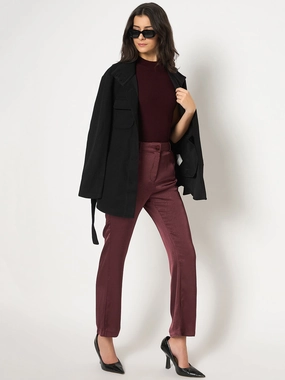 Madame Straight Fit Solid Maroon Trousers NonBindingWaistline