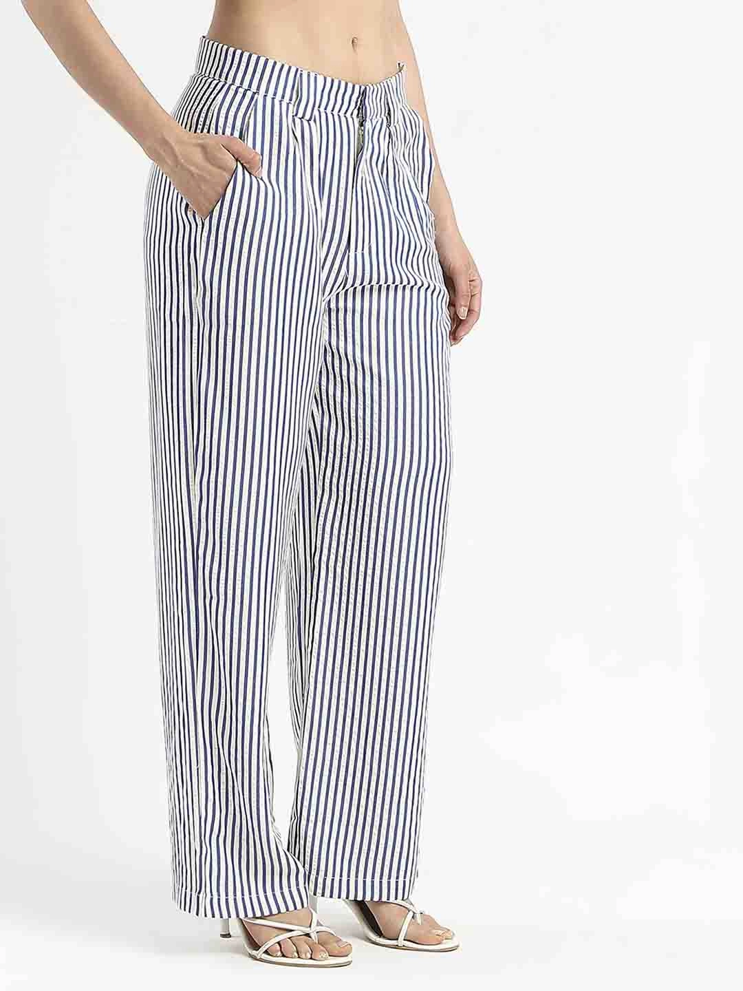 Madame Striped Wide Leg Viscose Blend Navy Blue Trousers Corduroy texture