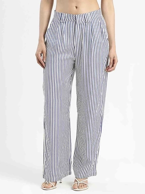Comfortable Layers Madame Striped Wide Leg Viscose Blend Navy Blue Trousers