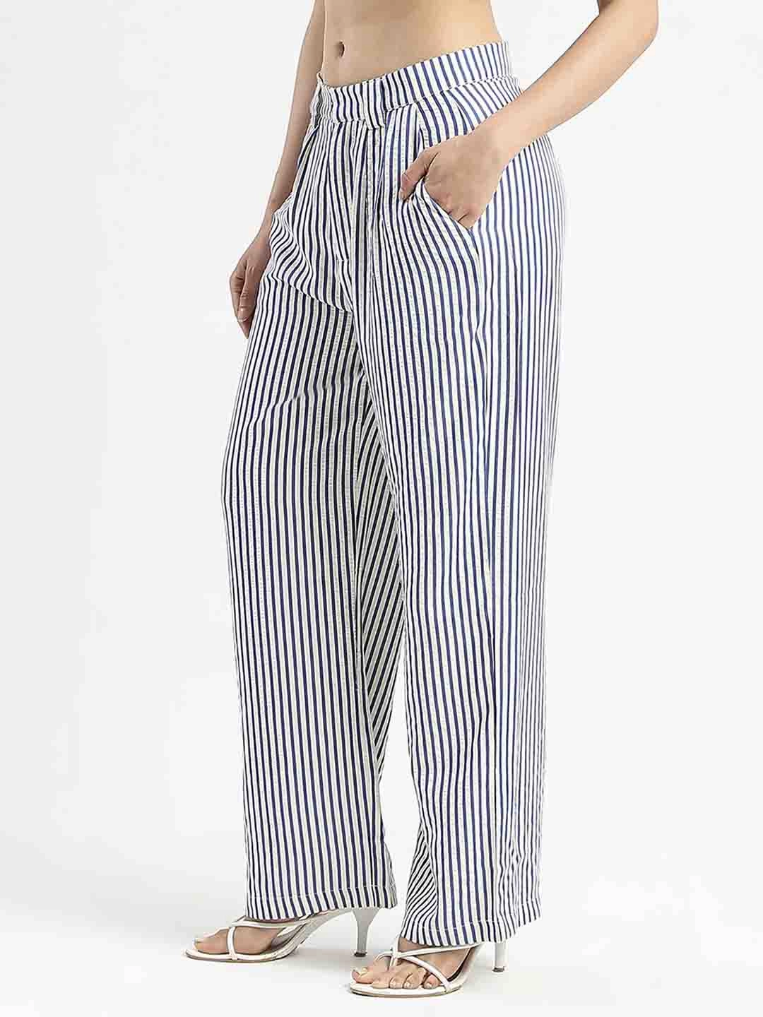 Madame Striped Wide Leg Viscose Blend Navy Blue Trousers PermeableCloth