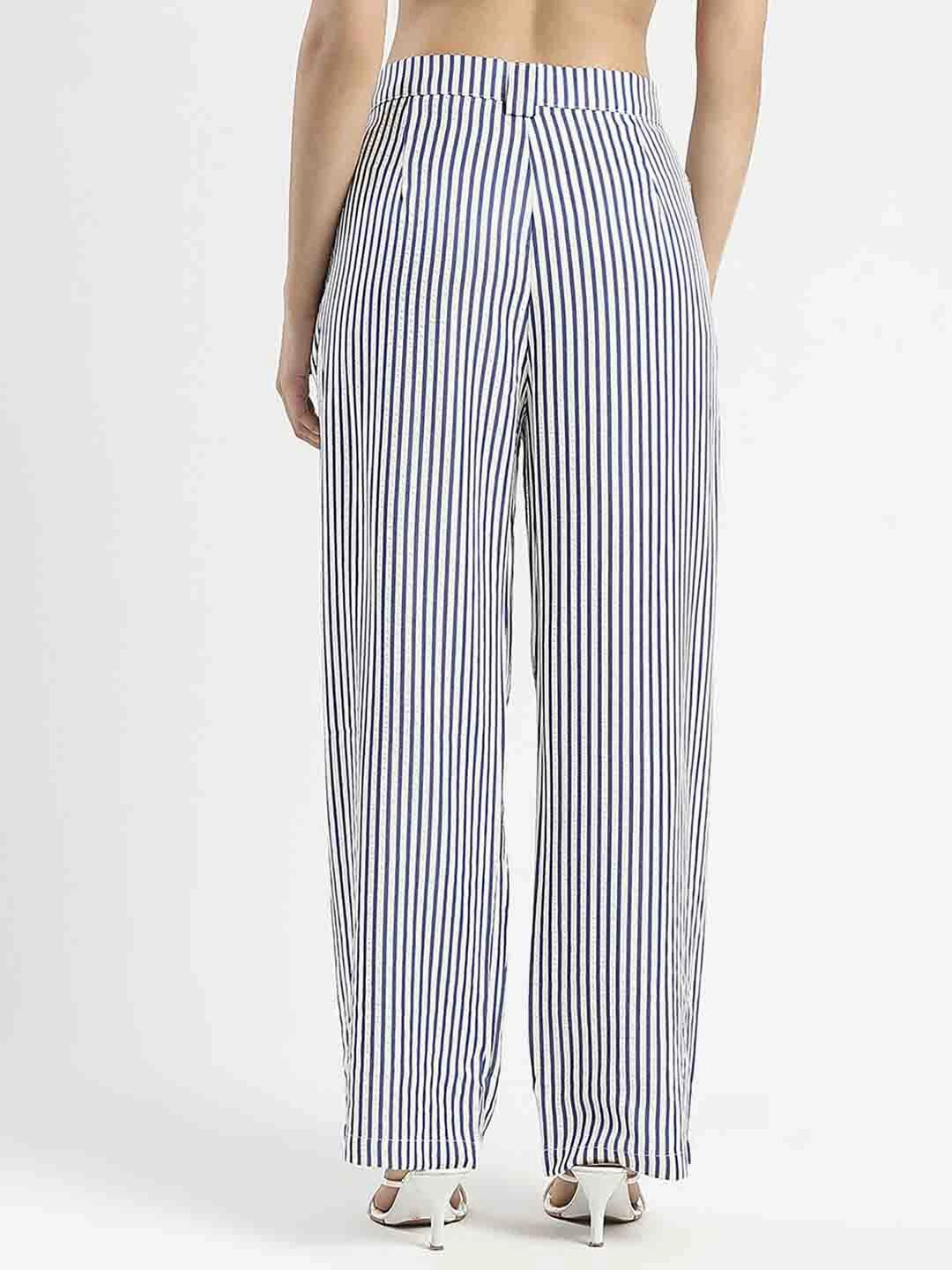 Quick Comfort Design Madame Striped Wide Leg Viscose Blend Navy Blue Trousers