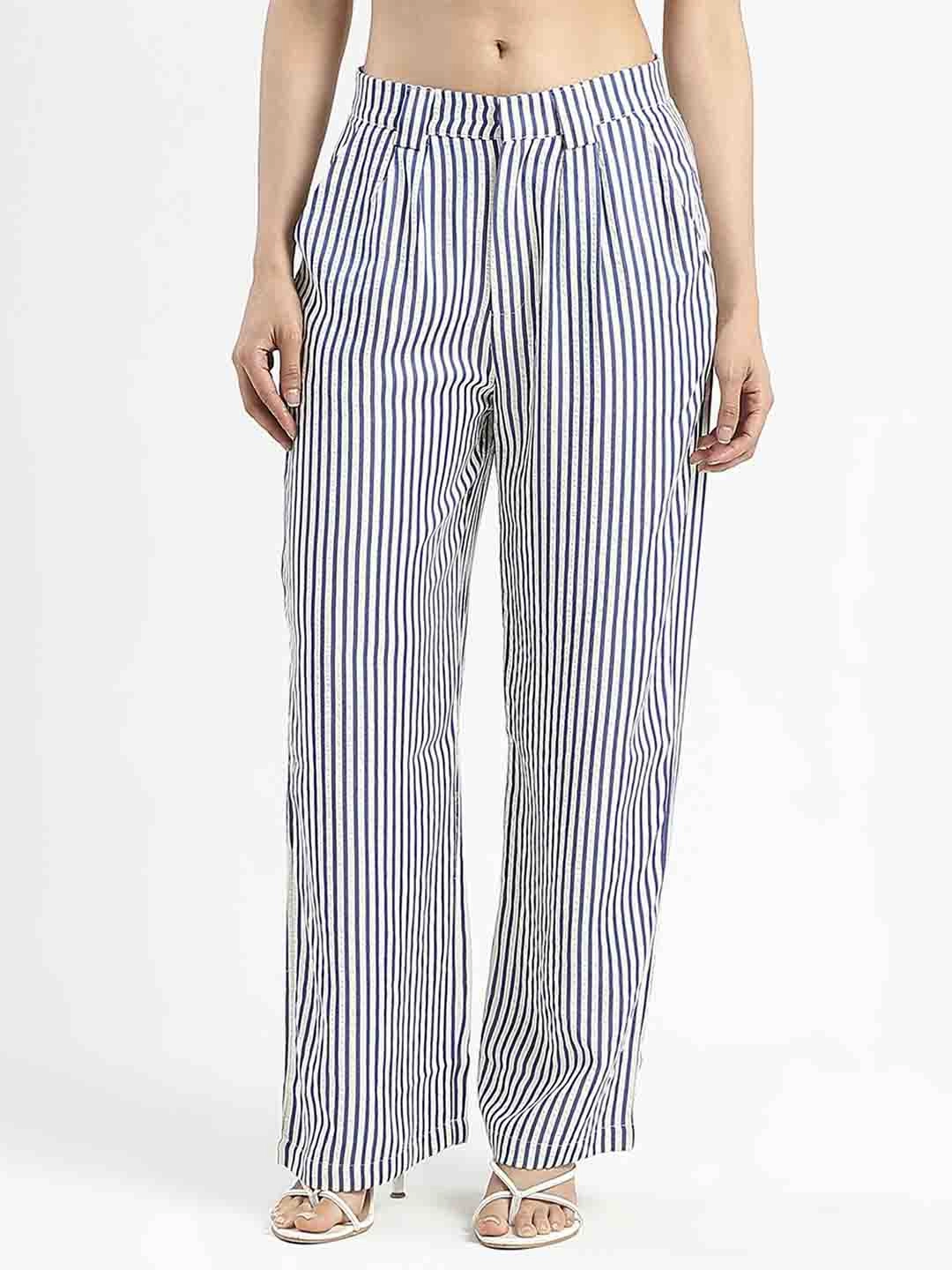 Comfortable Layers Madame Striped Wide Leg Viscose Blend Navy Blue Trousers