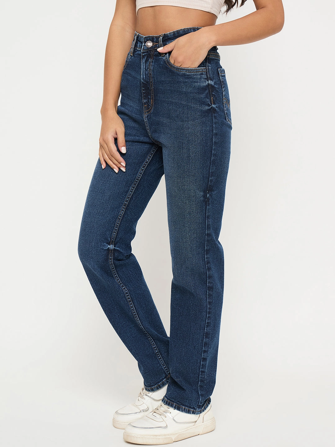 Madame Whiskered Dark Blue Cotton Blend Straight Jeans All Around