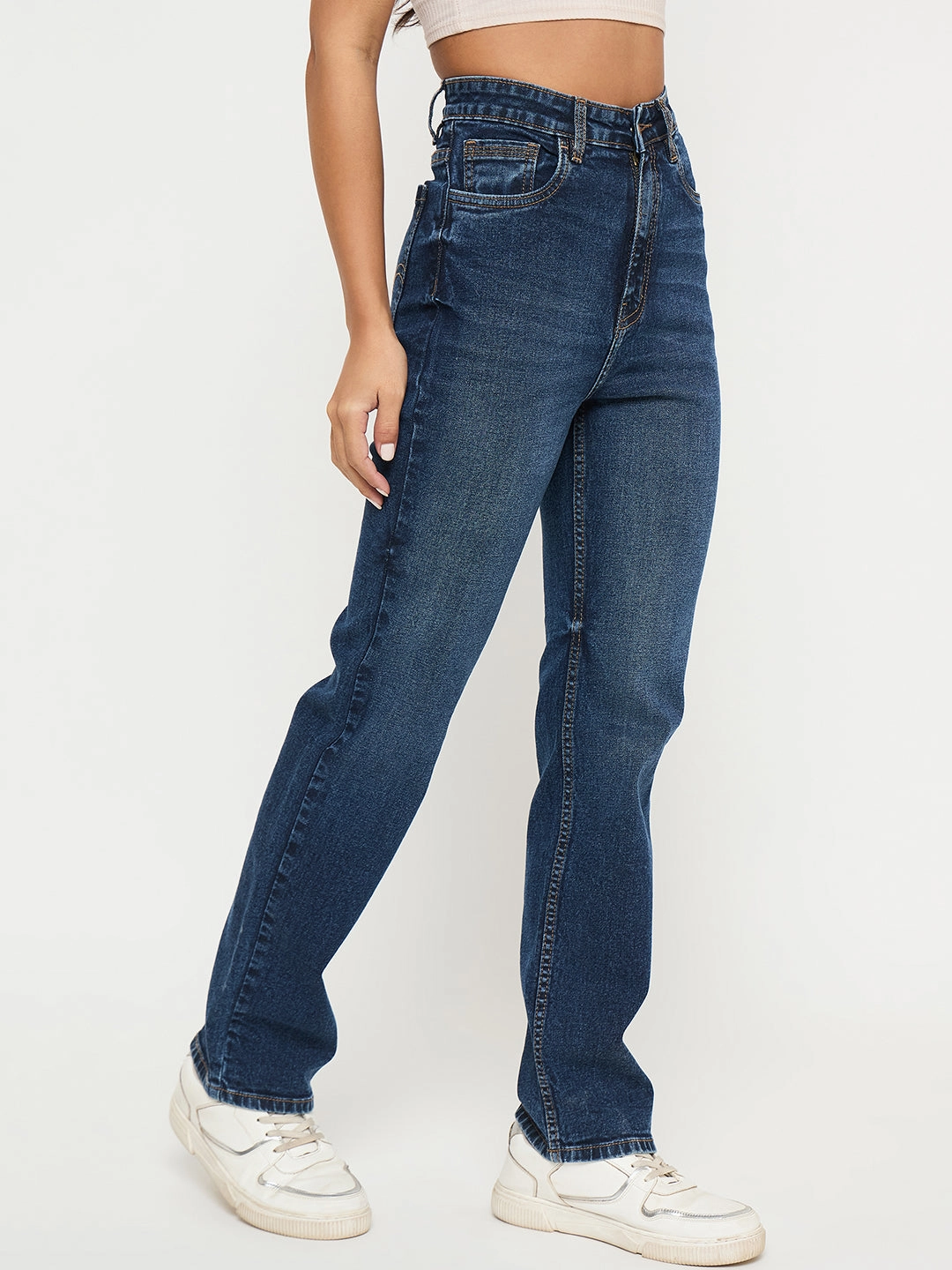 Madame Whiskered Dark Blue Cotton Blend Straight Jeans Casual Style