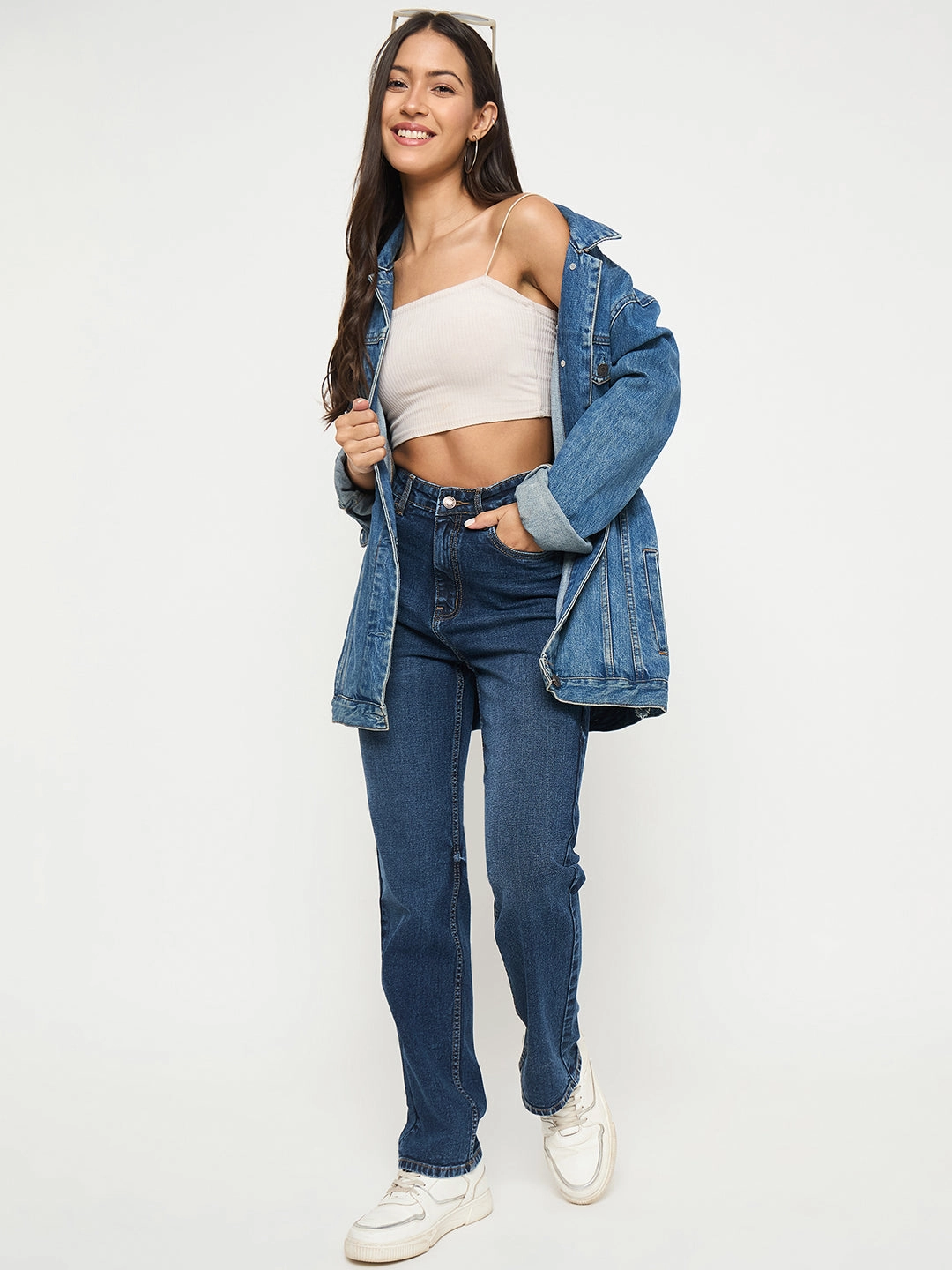 Madame Whiskered Dark Blue Cotton Blend Straight Jeans Eco Friendly Lightweight Modern