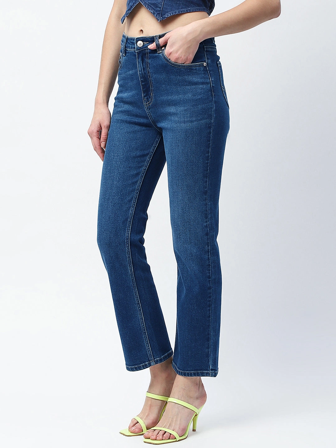Madame Whiskered Straight Fit Dark Blue Cotton Blend Jeans Contemporary Wear