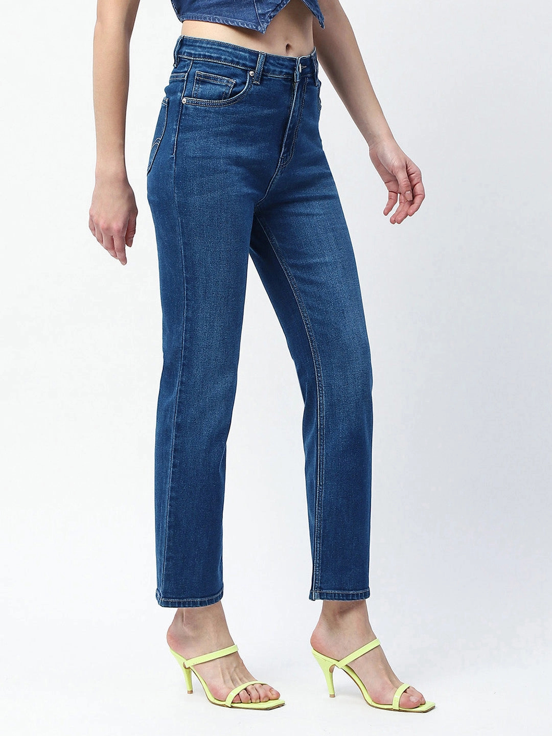 Madame Whiskered Straight Fit Dark Blue Cotton Blend Jeans Tailored Waistband Base Style